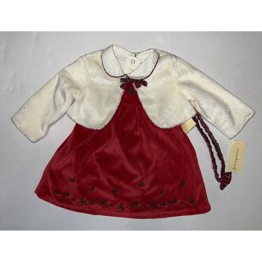 First Impressions Baby Girls Red Velour Christmas Dress w/ Shrug 3-6 Months New